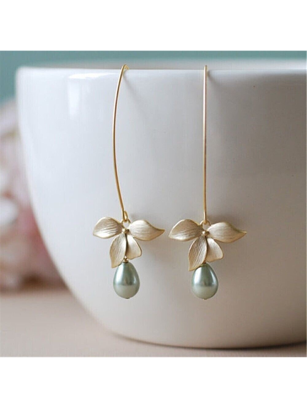 Orchid Flower Pale Mint Blue Green Teardrop Shell Pearl 14K Gold Plated Earrings